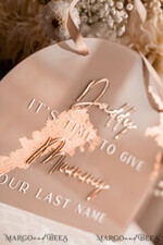 FLOWER GIRL / Page Boy SIGNS acrylic flower girl / page boy signs Personalised Arch acrylic wedding Page Boy sign, Beige Gold acrylic Page boy sign, painted plexi glass acrylic flower girl sign, flower girl wedding day sign, boho glam arch gold acrylic wedding decor for flower girl, daddy its time to give mummy our last name, arch acrylic here comes the bride12