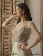 BRAUT Bolero, Kleider, Strumpfband SPITZEN HOCHZEITSBOLERO Elfenbein Tüll Perlen-Bare Back Hochzeitsbolero mit langen Ärmeln, Shrug Frauen Hochzeit, Braut-Überwurf mit Perlen, Elfenbein Bluse für die Braut, Braut Tüll Bluse, Kleid Capelet17