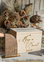 CARD BOXES Wood Eco Rustic Card boxes rustic wood Set Card Box  & Sign, Wedding Card Box with lock cards gifts sign with stand, wooden Wedding Money Box Sing Guestbook Set,  Card Box with slot and lock  cards and gift Arch acrylic sign set17