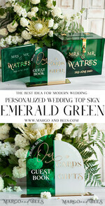 TABLE DECOR SIGNS Guestbook & Cards Gifts Signs Acrylic Arch cards & guestbook sign Combo , Emerald Green and Frosted Acrylic & gold Sign, Gold Plexi card box and sign our guestbook sign, Luxury Wedding Table19