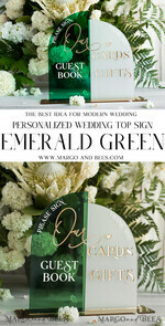 TABLE DECOR SIGNS Guestbook & Cards Gifts Signs Acrylic Arch cards & guestbook sign Combo , Emerald Green and Frosted Acrylic & gold Sign, Gold Plexi card box and sign our guestbook sign, Luxury Wedding Table19