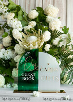 TABLE DECOR SIGNS Guestbook & Cards Gifts Signs Acrylic Arch cards & guestbook sign Combo , Emerald Green and Frosted Acrylic & gold Sign, Gold Plexi card box and sign our guestbook sign, Luxury Wedding Table19