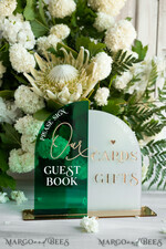 TABLE DECOR SIGNS Guestbook & Cards Gifts Signs Acrylic Arch cards & guestbook sign Combo , Emerald Green and Frosted Acrylic & gold Sign, Gold Plexi card box and sign our guestbook sign, Luxury Wedding Table19