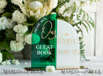 TABLE DECOR SIGNS Guestbook & Cards Gifts Signs Acrylic Arch cards & guestbook sign Combo , Emerald Green and Frosted Acrylic & gold Sign, Gold Plexi card box and sign our guestbook sign, Luxury Wedding Table19