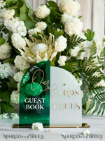 TABLE DECOR SIGNS Guestbook & Cards Gifts Signs Acrylic Arch cards & guestbook sign Combo , Emerald Green and Frosted Acrylic & gold Sign, Gold Plexi card box and sign our guestbook sign, Luxury Wedding Table19