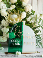 TABLE DECOR SIGNS Guestbook & Cards Gifts Signs Acrylic Arch cards & guestbook sign Combo , Emerald Green and Frosted Acrylic & gold Sign, Gold Plexi card box and sign our guestbook sign, Luxury Wedding Table19