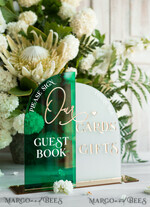 TABLE DECOR SIGNS Guestbook & Cards Gifts Signs Acrylic Arch cards & guestbook sign Combo , Emerald Green and Frosted Acrylic & gold Sign, Gold Plexi card box and sign our guestbook sign, Luxury Wedding Table19