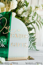 TABLE DECOR SIGNS Guestbook & Cards Gifts Signs Acrylic Arch cards & guestbook sign Combo , Emerald Green and Frosted Acrylic & gold Sign, Gold Plexi card box and sign our guestbook sign, Luxury Wedding Table19