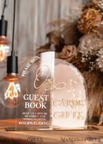 TABLE DECOR SIGNS Guestbook & Cards Gifts Signs Acrylic Arch cards & guestbook sign Combo , Clear Beige Ombre Acrylic & gold Sign, Gold Plexi card box and sign our guestbook sign, Luxury Wedding Nude Table Decor, Wedding Taupe Signage Golden mirror cards  guestbooksign13