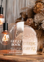 TABLE DECOR SIGNS Guestbook & Cards Gifts Signs Acrylic Arch cards & guestbook sign Combo , Clear Beige Ombre Acrylic & gold Sign, Gold Plexi card box and sign our guestbook sign, Luxury Wedding Nude Table Decor, Wedding Taupe Signage Golden mirror cards  guestbooksign13