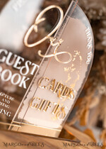 TABLE DECOR SIGNS Guestbook & Cards Gifts Signs Acrylic Arch cards & guestbook sign Combo , Clear Beige Ombre Acrylic & gold Sign, Gold Plexi card box and sign our guestbook sign, Luxury Wedding Nude Table Decor, Wedding Taupe Signage Golden mirror cards  guestbooksign13