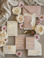 WEDDING INVITATIONS embossed invites Blush Gold Wedding Invitation with chiffon torn bow,  Wrapping Golden Elegant Roses Floral Wedding Invitation with 3D embossed flowers25