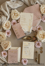WEDDING INVITATIONS embossed invites Blush Gold Wedding Invitation with chiffon torn bow,  Wrapping Golden Elegant Roses Floral Wedding Invitation with 3D embossed flowers25