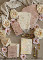 WEDDING INVITATIONS embossed invites Blush Gold Wedding Invitation with chiffon torn bow,  Wrapping Golden Elegant Roses Floral Wedding Invitation with 3D embossed flowers25