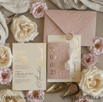 WEDDING INVITATIONS embossed invites Blush Gold Wedding Invitation with chiffon torn bow,  Wrapping Golden Elegant Roses Floral Wedding Invitation with 3D embossed flowers25