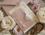 WEDDING INVITATIONS embossed invites Blush Gold Wedding Invitation with chiffon torn bow,  Wrapping Golden Elegant Roses Floral Wedding Invitation with 3D embossed flowers25