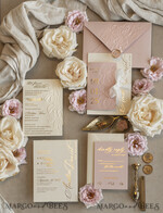 WEDDING INVITATIONS embossed invites Blush Gold Wedding Invitation with chiffon torn bow,  Wrapping Golden Elegant Roses Floral Wedding Invitation with 3D embossed flowers25