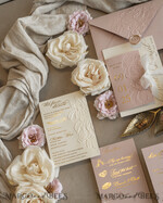 WEDDING INVITATIONS embossed invites Blush Gold Wedding Invitation with chiffon torn bow,  Wrapping Golden Elegant Roses Floral Wedding Invitation with 3D embossed flowers25