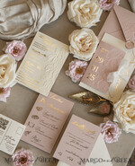 WEDDING INVITATIONS embossed invites Blush Gold Wedding Invitation with chiffon torn bow,  Wrapping Golden Elegant Roses Floral Wedding Invitation with 3D embossed flowers25