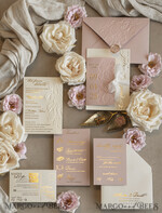 WEDDING INVITATIONS embossed invites Blush Gold Wedding Invitation with chiffon torn bow,  Wrapping Golden Elegant Roses Floral Wedding Invitation with 3D embossed flowers25