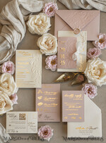 WEDDING INVITATIONS embossed invites Blush Gold Wedding Invitation with chiffon torn bow,  Wrapping Golden Elegant Roses Floral Wedding Invitation with 3D embossed flowers25