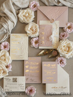 WEDDING INVITATIONS embossed invites Blush Gold Wedding Invitation with chiffon torn bow,  Wrapping Golden Elegant Roses Floral Wedding Invitation with 3D embossed flowers25