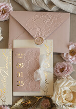 WEDDING INVITATIONS embossed invites Blush Gold Wedding Invitation with chiffon torn bow,  Wrapping Golden Elegant Roses Floral Wedding Invitation with 3D embossed flowers25