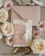 WEDDING INVITATIONS embossed invites Blush Gold Wedding Invitation with chiffon torn bow,  Wrapping Golden Elegant Roses Floral Wedding Invitation with 3D embossed flowers25