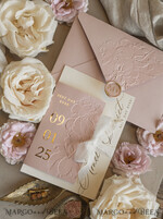 WEDDING INVITATIONS embossed invites Blush Gold Wedding Invitation with chiffon torn bow,  Wrapping Golden Elegant Roses Floral Wedding Invitation with 3D embossed flowers25