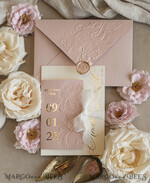 WEDDING INVITATIONS embossed invites Blush Gold Wedding Invitation with chiffon torn bow,  Wrapping Golden Elegant Roses Floral Wedding Invitation with 3D embossed flowers25