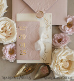 WEDDING INVITATIONS embossed invites Blush Gold Wedding Invitation with chiffon torn bow,  Wrapping Golden Elegant Roses Floral Wedding Invitation with 3D embossed flowers25