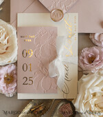 WEDDING INVITATIONS embossed invites Blush Gold Wedding Invitation with chiffon torn bow,  Wrapping Golden Elegant Roses Floral Wedding Invitation with 3D embossed flowers25