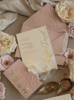 WEDDING INVITATIONS embossed invites Blush Gold Wedding Invitation with chiffon torn bow,  Wrapping Golden Elegant Roses Floral Wedding Invitation with 3D embossed flowers25