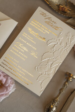 WEDDING INVITATIONS embossed invites Blush Gold Wedding Invitation with chiffon torn bow,  Wrapping Golden Elegant Roses Floral Wedding Invitation with 3D embossed flowers25