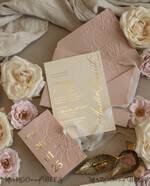 WEDDING INVITATIONS embossed invites Blush Gold Wedding Invitation with chiffon torn bow,  Wrapping Golden Elegant Roses Floral Wedding Invitation with 3D embossed flowers25