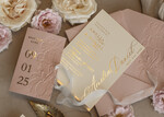 WEDDING INVITATIONS embossed invites Blush Gold Wedding Invitation with chiffon torn bow,  Wrapping Golden Elegant Roses Floral Wedding Invitation with 3D embossed flowers25