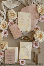 WEDDING INVITATIONS embossed invites Blush Gold Wedding Invitation with chiffon torn bow,  Wrapping Golden Elegant Roses Floral Wedding Invitation with 3D embossed flowers25