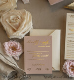 WEDDING INVITATIONS embossed invites Blush Gold Wedding Invitation with chiffon torn bow,  Wrapping Golden Elegant Roses Floral Wedding Invitation with 3D embossed flowers25