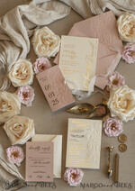 WEDDING INVITATIONS embossed invites Blush Gold Wedding Invitation with chiffon torn bow,  Wrapping Golden Elegant Roses Floral Wedding Invitation with 3D embossed flowers25