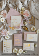 WEDDING INVITATIONS embossed invites Blush Gold Wedding Invitation with chiffon torn bow and mirror gold monogram , Vellum Wrapping Golden Elegant Roses Floral Wedding Invitation with 3D embossed flowers24