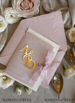 WEDDING INVITATIONS embossed invites Blush Gold Wedding Invitation with chiffon torn bow and mirror gold monogram , Vellum Wrapping Golden Elegant Roses Floral Wedding Invitation with 3D embossed flowers24