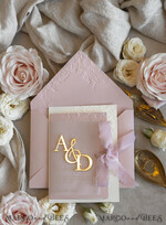WEDDING INVITATIONS embossed invites Blush Gold Wedding Invitation with chiffon torn bow and mirror gold monogram , Vellum Wrapping Golden Elegant Roses Floral Wedding Invitation with 3D embossed flowers24
