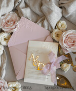 WEDDING INVITATIONS embossed invites Blush Gold Wedding Invitation with chiffon torn bow and mirror gold monogram , Vellum Wrapping Golden Elegant Roses Floral Wedding Invitation with 3D embossed flowers24