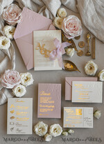 WEDDING INVITATIONS embossed invites Blush Gold Wedding Invitation with chiffon torn bow and mirror gold monogram , Vellum Wrapping Golden Elegant Roses Floral Wedding Invitation with 3D embossed flowers24