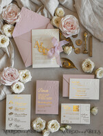 WEDDING INVITATIONS embossed invites Blush Gold Wedding Invitation with chiffon torn bow and mirror gold monogram , Vellum Wrapping Golden Elegant Roses Floral Wedding Invitation with 3D embossed flowers24