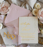 WEDDING INVITATIONS embossed invites Blush Gold Wedding Invitation with chiffon torn bow and mirror gold monogram , Vellum Wrapping Golden Elegant Roses Floral Wedding Invitation with 3D embossed flowers24