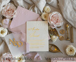 WEDDING INVITATIONS embossed invites Blush Gold Wedding Invitation with chiffon torn bow and mirror gold monogram , Vellum Wrapping Golden Elegant Roses Floral Wedding Invitation with 3D embossed flowers24