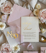 WEDDING INVITATIONS embossed invites Blush Gold Wedding Invitation with chiffon torn bow and mirror gold monogram , Vellum Wrapping Golden Elegant Roses Floral Wedding Invitation with 3D embossed flowers24