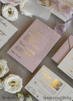 WEDDING INVITATIONS embossed invites Blush Gold Wedding Invitation with chiffon torn bow and mirror gold monogram , Vellum Wrapping Golden Elegant Roses Floral Wedding Invitation with 3D embossed flowers24