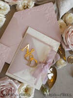 WEDDING INVITATIONS embossed invites Blush Gold Wedding Invitation with chiffon torn bow and mirror gold monogram , Vellum Wrapping Golden Elegant Roses Floral Wedding Invitation with 3D embossed flowers24